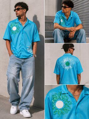 New Men's  Nike Uphoria Button-Up Mesh Short Sleeve Top Baltic Blue DV9676-416